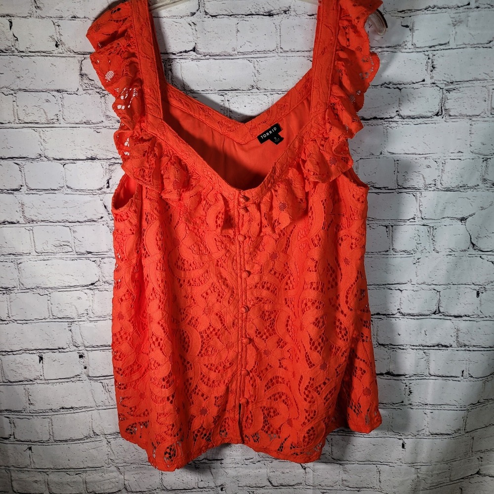 Torrid Lace Ruffle Tank Top Womens 2 Orange Excellent Button Front Floral Boho